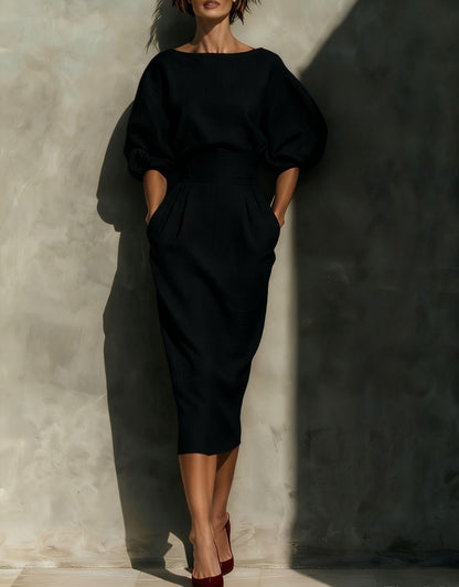 Spring/Summer style elegant boat-neck A-line skirt with puff sleeves top paired with high-waisted pleated half-skirt perfectly showcases retro style.