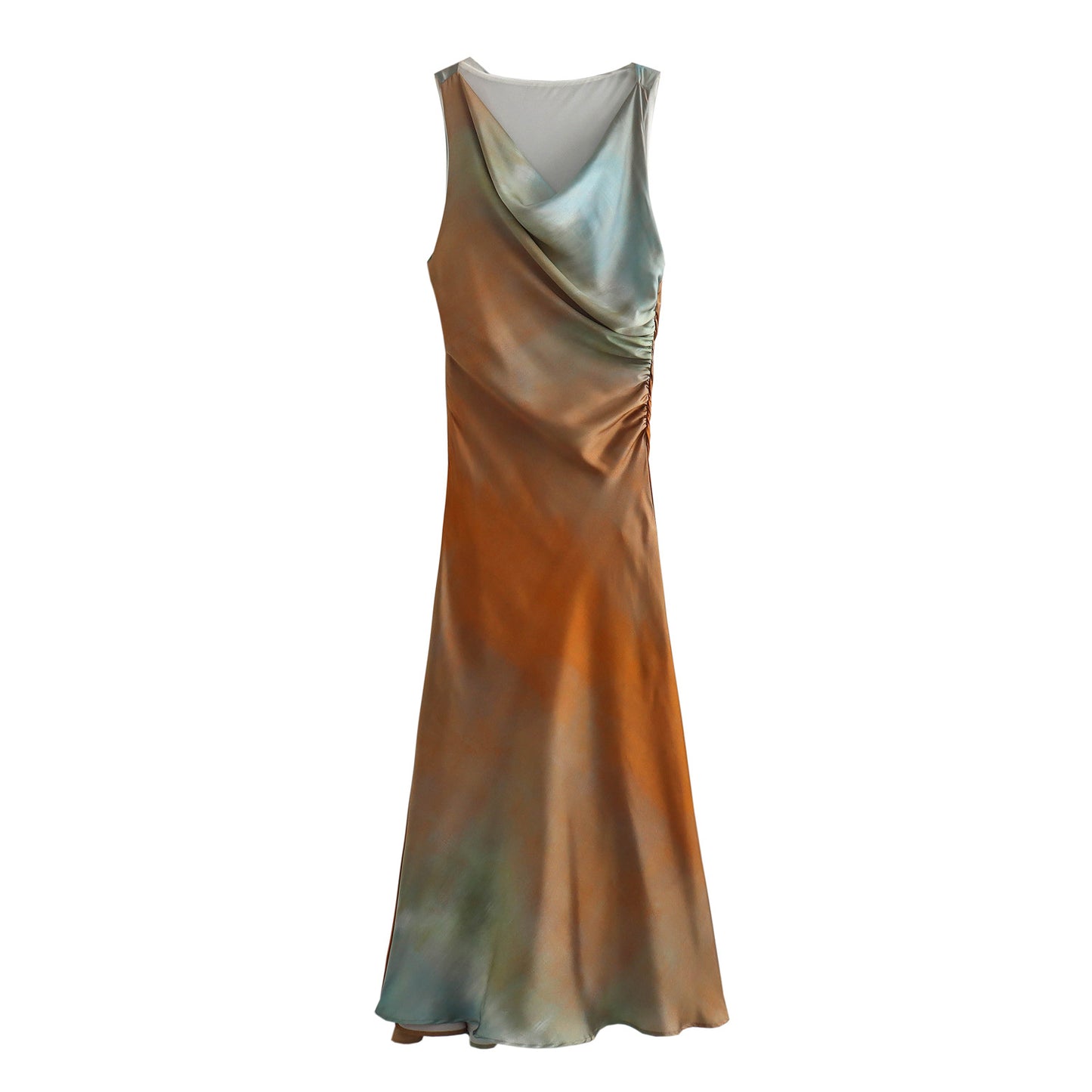 Summer women's dress with tie-dye printed satin fabric, sleeveless, pleated, fitted, and with a flared silhouette