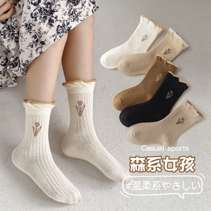 女童袜子春秋森系美拉德中筒袜日系花边蝴蝶结公主袜儿童袜子