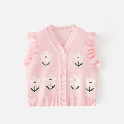 Girls' V-neck blazer made of A-grade cotton, with cartoonish knitted top, suitable for spring and autumn, a warm sweater for girls, girls' coat