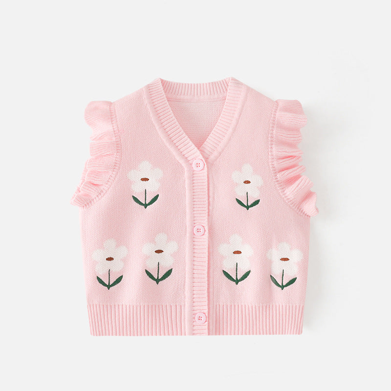 Girls' V-neck blazer made of A-grade cotton, with cartoonish knitted top, suitable for spring and autumn, a warm sweater for girls, girls' coat
