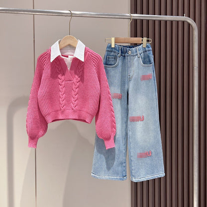 2025 New Style Girls' Autumn/Winter Suit: Stylish Korean Style Casual Knitted Sweater with Fashionable Embroidered Jeans
