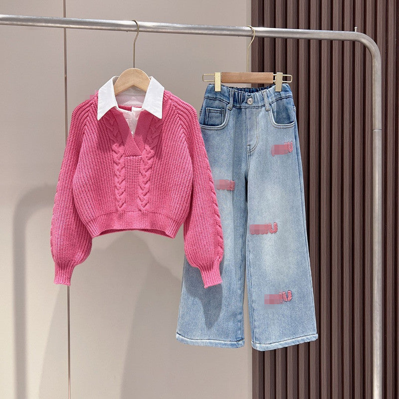 2025 New Style Girls' Autumn/Winter Suit: Stylish Korean Style Casual Knitted Sweater with Fashionable Embroidered Jeans