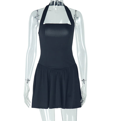 Women's trendy fashion solid-color dress with sexy straps, V-neck, sleeveless, backless A-line skirt
