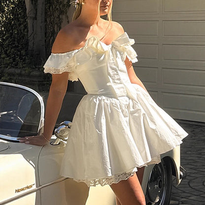 Women's fishbone pure desire white dress, sexy V-neck with bow tie at the waist, backless, revealing white dress.