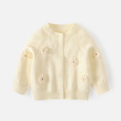Girls' sweater cardigan princess three-dimensional flower round-neck knitted cotton coat pure color cotton outerwear baby girl A-class sweater