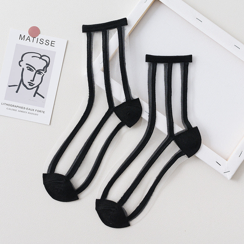 Summer Glass Socks Women's Breathable Mid-Calf Stockings Japanese Style Silk Crystal Stockings Summer Lightweight