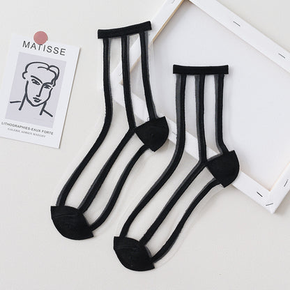 Summer Glass Socks Women's Breathable Mid-Calf Stockings Japanese Style Silk Crystal Stockings Summer Lightweight