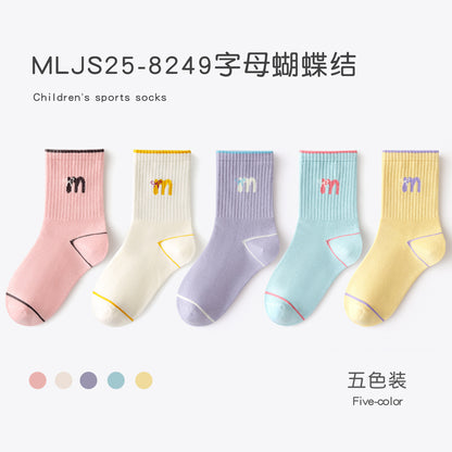 春秋季女童袜子多巴胺运动精梳棉无骨儿童袜子中筒字母蝴蝶结潮袜