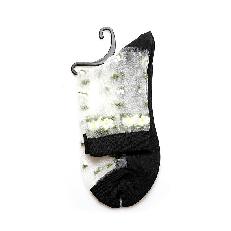 Fashion floral pattern series crystal silk stockings mid-calf women's stockings transparent glass silk with cotton bottom manufacturer