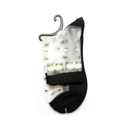 Fashion floral pattern series crystal silk stockings mid-calf women's stockings transparent glass silk with cotton bottom manufacturer