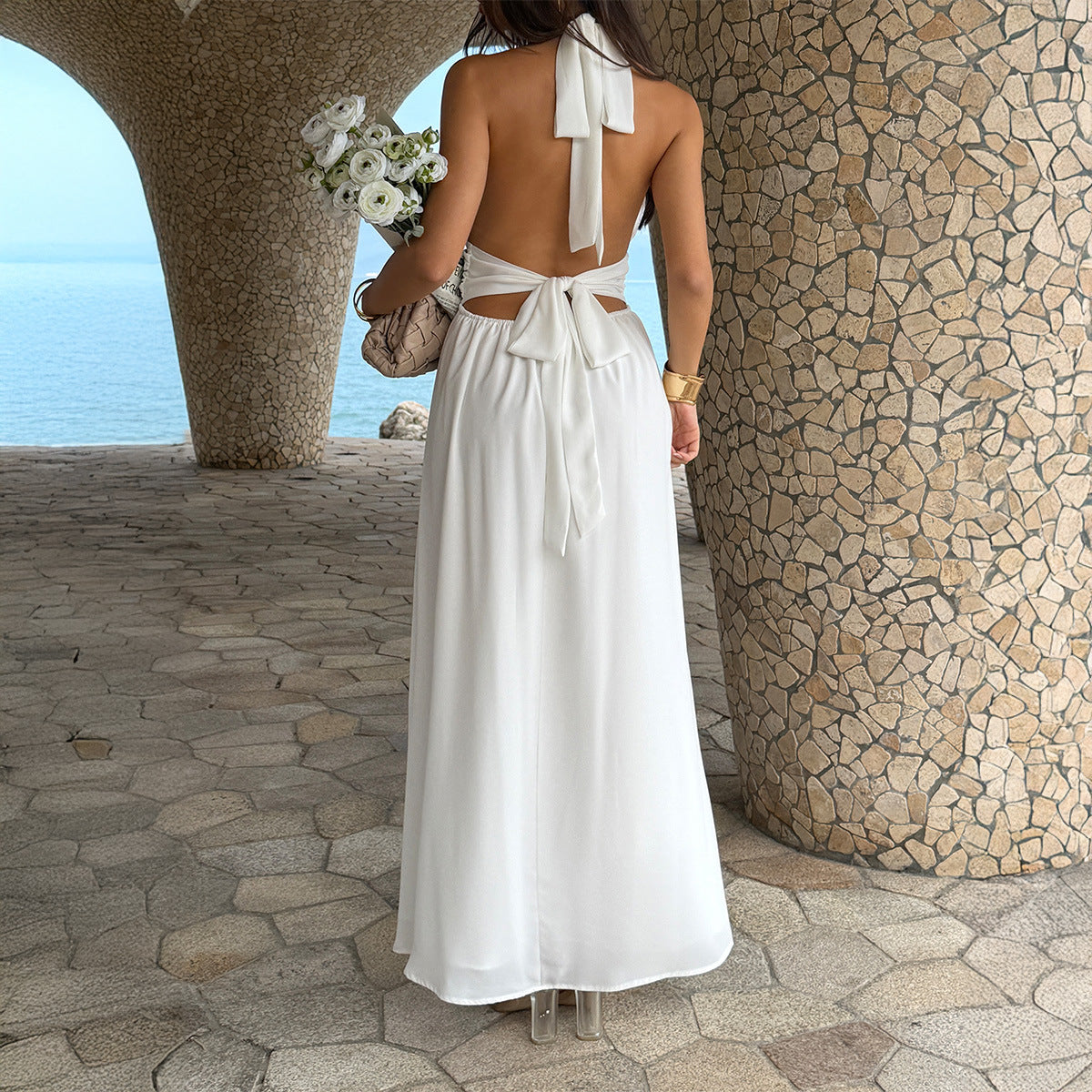 Women's Spring/Summer European Elegant Retro Style High-Waisted Deep V-neck Sleeveless Dress