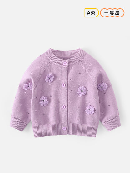 Girls' sweater cardigan princess three-dimensional flower round-neck knitted cotton coat pure color cotton outerwear baby girl A-class sweater