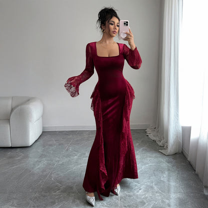 Elegant lace-edged round-neck long dress, women's winter and autumn wear