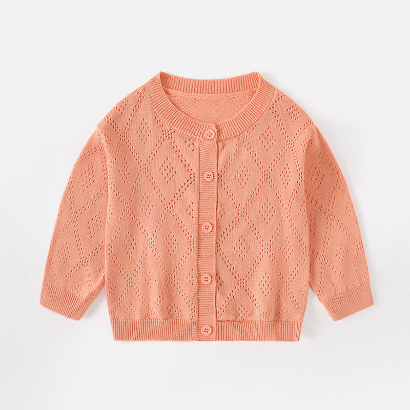 Spring and Summer Baby Lightweight Knitted Cardigan - Air Conditioner Protection Cooling Suit - Class A Cotton Long-Sleeved Children's Solid Color Breathable Round Collar Coat