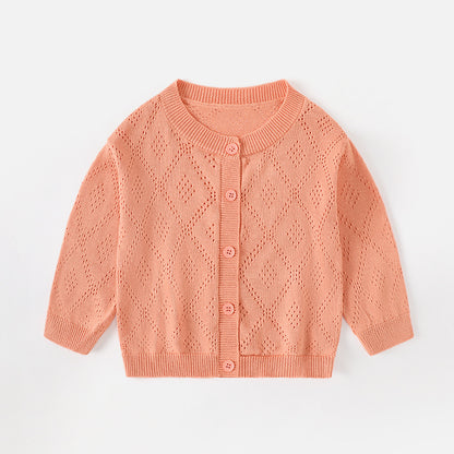 Spring and Summer Baby Lightweight Knitted Cardigan - Air Conditioner Protection Cooling Suit - Class A Cotton Long-Sleeved Children's Solid Color Breathable Round Collar Coat