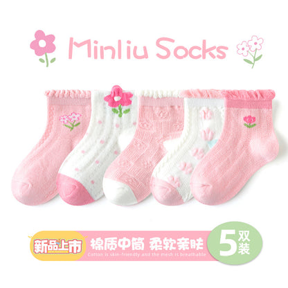 敏榴女童袜子春夏薄款甜美透气网眼儿童袜子中大童棉袜卡通短袜子