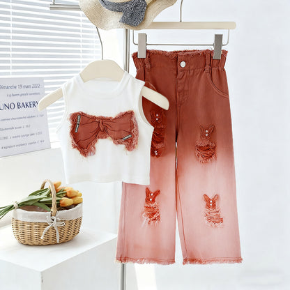 Girls' Summer Set - Two-Piece Set of Sleeveless Hole-Punched Denim Pants for Ages 4-12 - Summer Dress for Girls