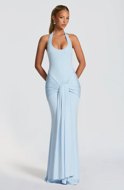 Women's pleated ribbon-spliced halter top long dress with fitted bust and draped neckline formal gown