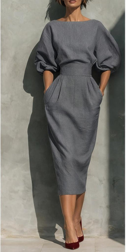 Spring/Summer style elegant boat-neck A-line skirt with puff sleeves top paired with high-waisted pleated half-skirt perfectly showcases retro style.