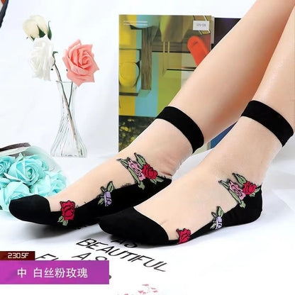 Glass fiber stockings - Children's rose flower sweet anti-slip cotton bottom stockings - Transparent mid-calf women's low-top trendy cotton stockings