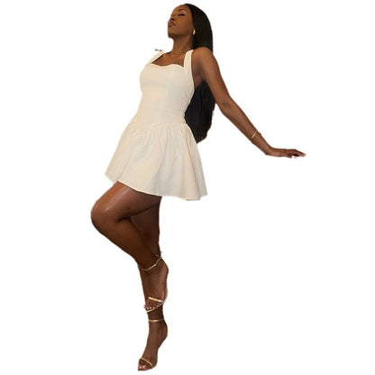 Women's trendy fashion solid-color dress with sexy straps, V-neck, sleeveless, backless A-line skirt