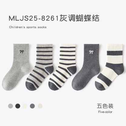 春秋季女童袜子多巴胺运动精梳棉无骨儿童袜子中筒字母蝴蝶结潮袜