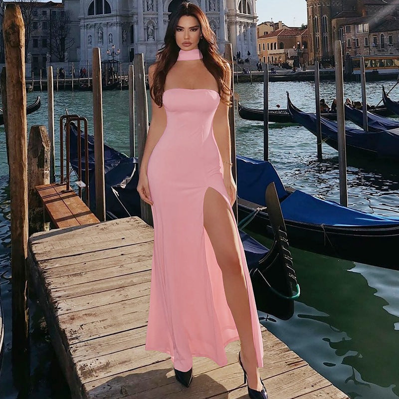 Spring fashion new women's dress with a plunging and slit design, slim fit, pure color, elegant style