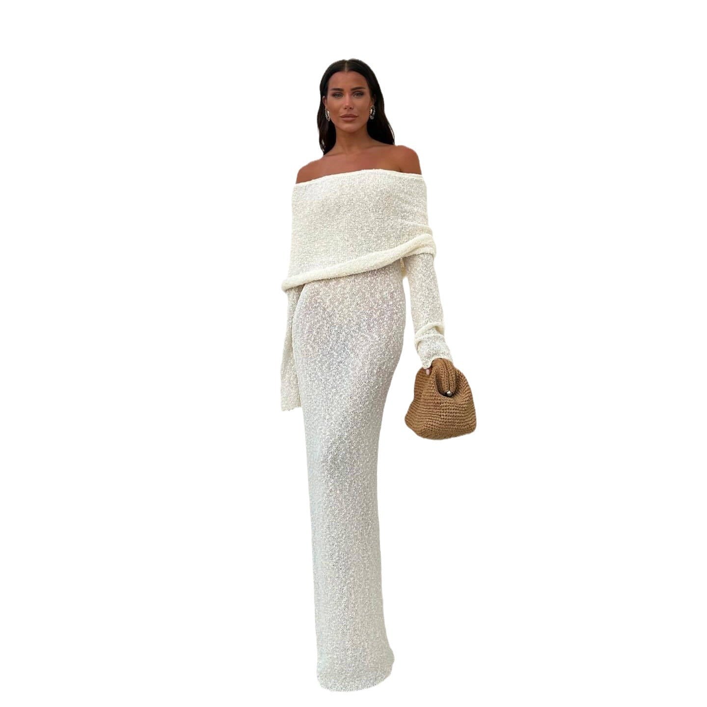 Long dress feminine backless V-neck knitted beach skirt for seaside vacation turtleneck dress