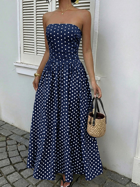 French-style elegant polka dot printed dress with sleeveless, plunging neckline and fitted waist for women