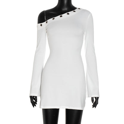 Women's Autumn/Winter Solid Color Slant Collar Openwork Circular Ring Ruffled Long-Sleeved Sleeveless Dress with Shoulder Exposure