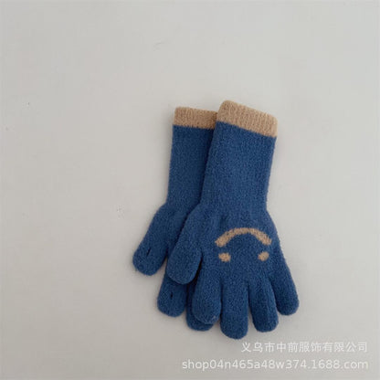冬季儿童可触屏长款笑脸拼色五指针织手套男女童宝宝保暖分指手套