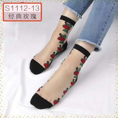 Glass fiber stockings - Children's rose flower sweet anti-slip cotton bottom stockings - Transparent mid-calf women's low-top trendy cotton stockings