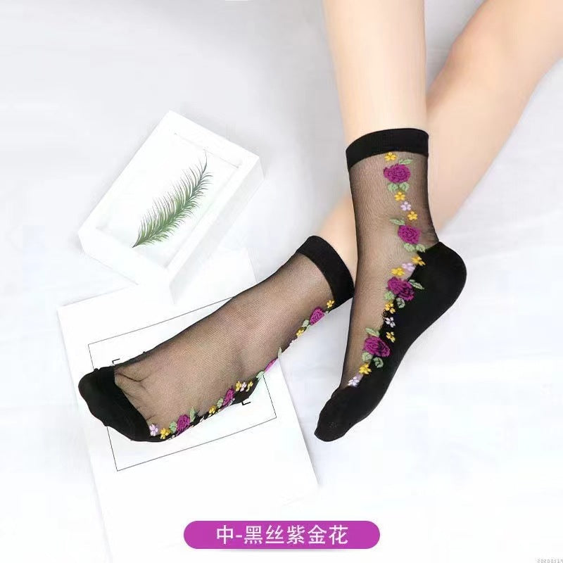 Glass fiber stockings - Children's rose flower sweet anti-slip cotton bottom stockings - Transparent mid-calf women's low-top trendy cotton stockings