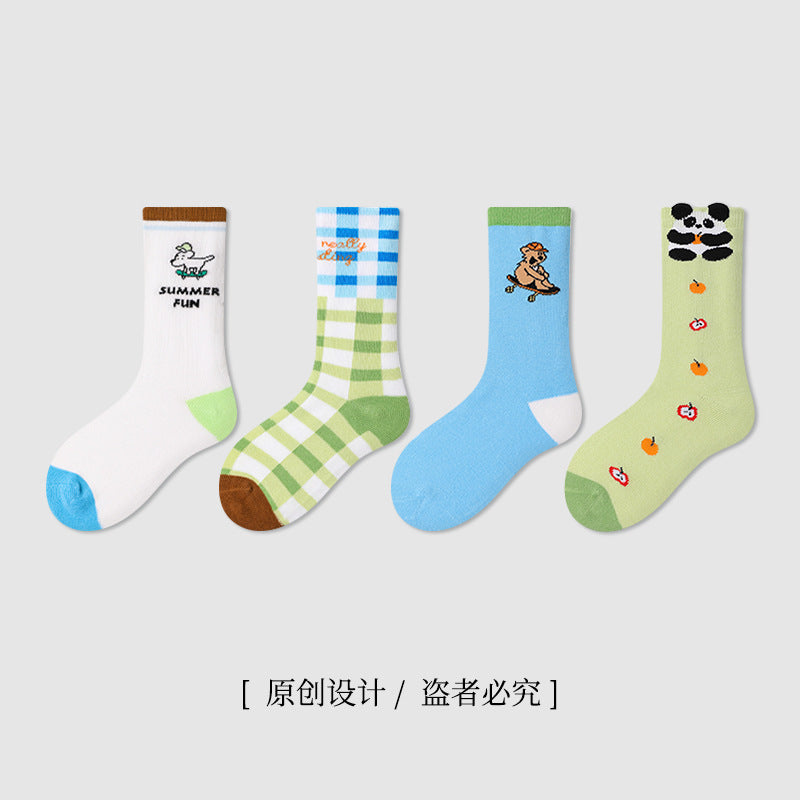 ZYZ男童袜子批发双针刺绣儿童中筒棉袜无骨条纹字母儿童袜子春季