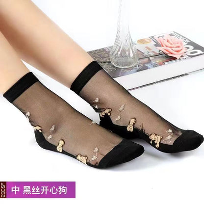 Glass fiber stockings - Children's rose flower sweet anti-slip cotton bottom stockings - Transparent mid-calf women's low-top trendy cotton stockings
