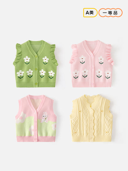 Girls' V-neck blazer made of A-grade cotton, with cartoonish knitted top, suitable for spring and autumn, a warm sweater for girls, girls' coat