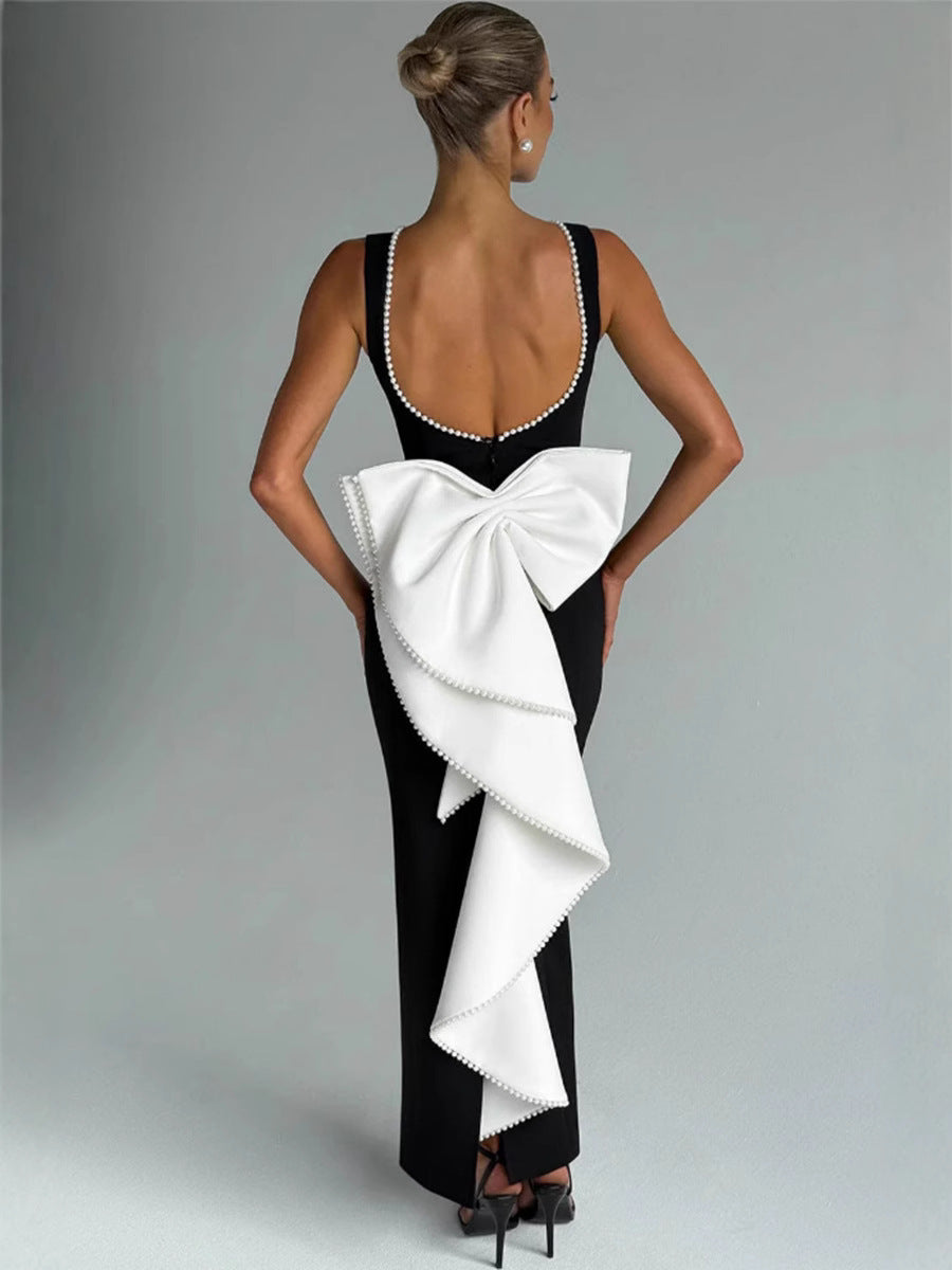 Black and white contrast sleeveless dress - new spring/summer style - cool girl backless pearl bow long dress