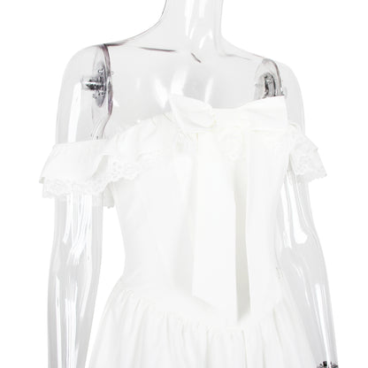 Women's fishbone pure desire white dress, sexy V-neck with bow tie at the waist, backless, revealing white dress.