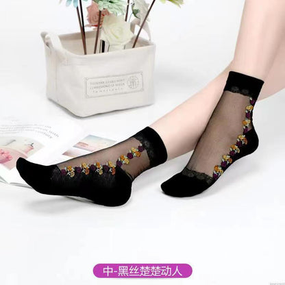 Glass fiber stockings - Children's rose flower sweet anti-slip cotton bottom stockings - Transparent mid-calf women's low-top trendy cotton stockings