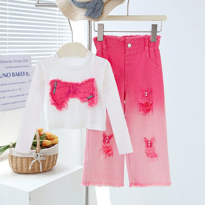 Girls' Summer Set - Two-Piece Set of Sleeveless Hole-Punched Denim Pants for Ages 4-12 - Summer Dress for Girls