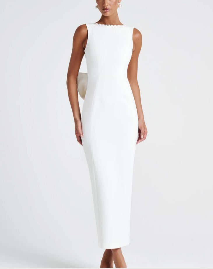 Black and white contrast sleeveless dress - new spring/summer style - cool girl backless pearl bow long dress