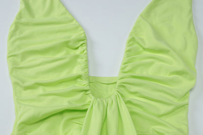 Sexy cut-out V-neck backless fitted pleated spliced strap-neckline dress for women