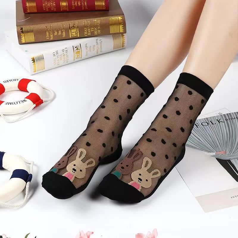Glass fiber stockings - Children's rose flower sweet anti-slip cotton bottom stockings - Transparent mid-calf women's low-top trendy cotton stockings
