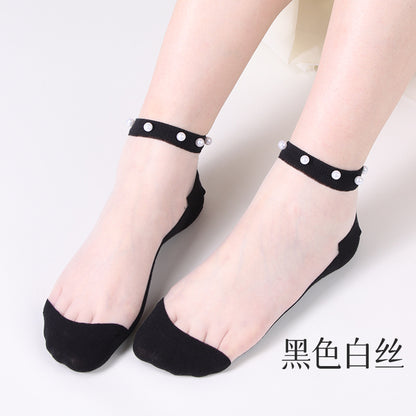 Pearl stockings - children's short socks. Light-mouthed lace summer lightweight netting transparent glass thread crystal socks.