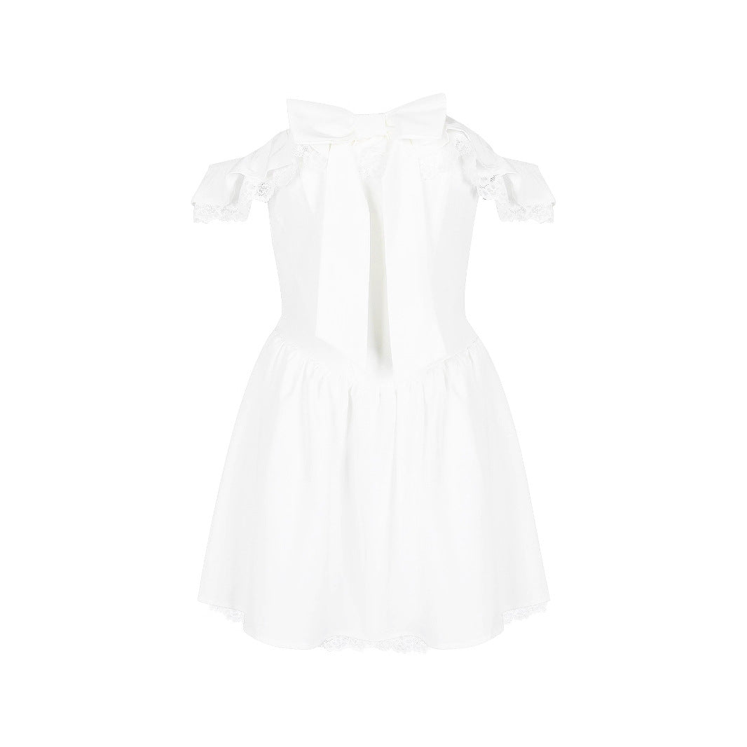 Women's fishbone pure desire white dress, sexy V-neck with bow tie at the waist, backless, revealing white dress.
