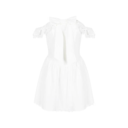 Women's fishbone pure desire white dress, sexy V-neck with bow tie at the waist, backless, revealing white dress.