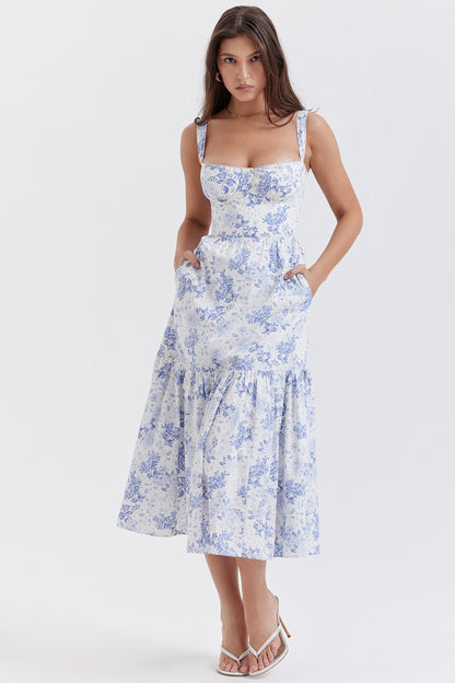Women's sleeveless bandeau halter top with lace and solid color mid-length spicy style dress with floral pattern cake-shaped A-line skirt