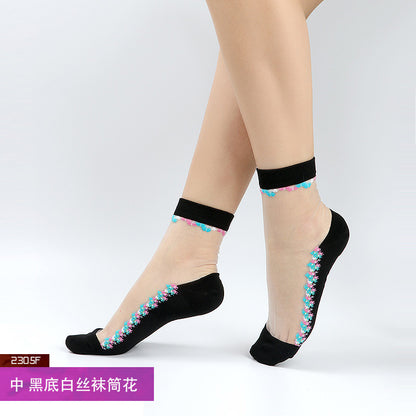 Fashion floral pattern series crystal silk stockings mid-calf women's stockings transparent glass silk with cotton bottom manufacturer