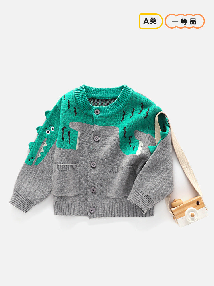 Children's sweater cardigan - Type A knitted sweater in Korean style featuring cartoon dinosaurs on the front, double-layer design, round neck.